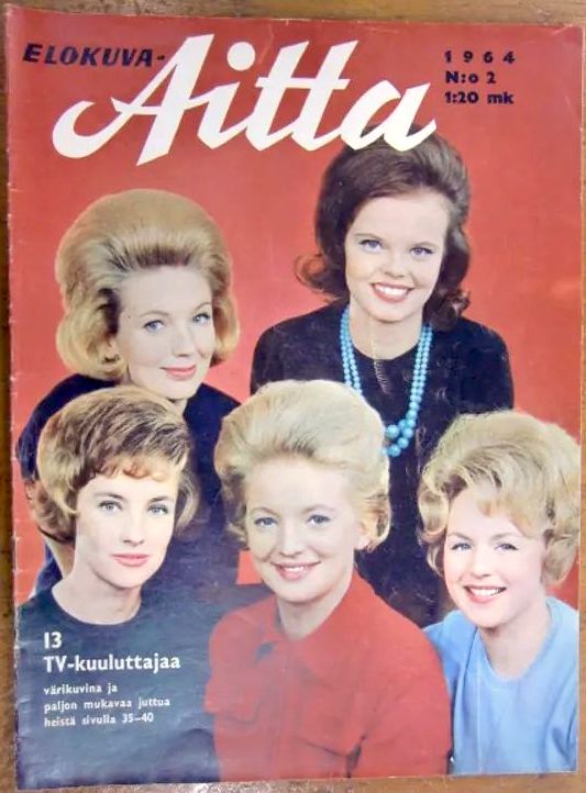 Elokuva-Aitta-lehden kansi 2/1964. Sommitelmassa viiden naisen kuvat. Kannessa myös teksti "13 TV-kuuluttajaa".